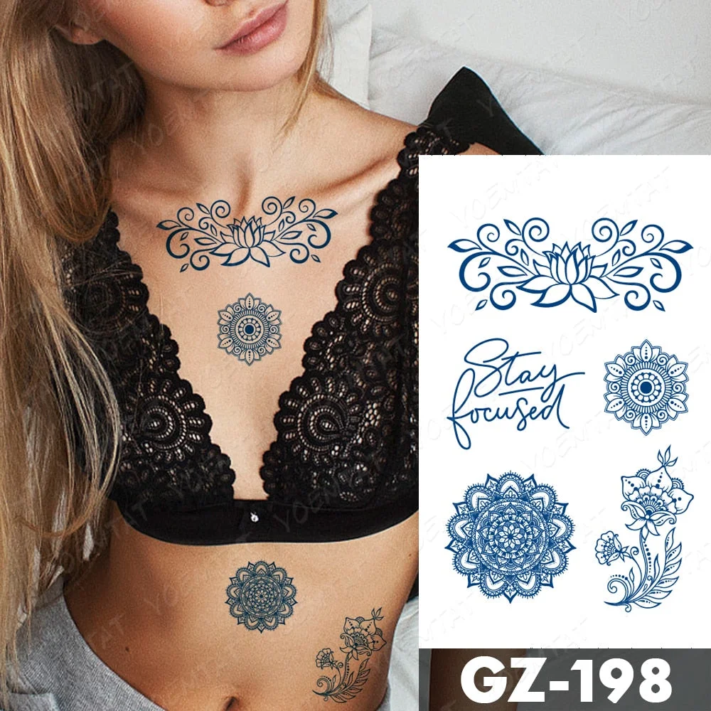 Juice Lasting Waterproof Temporary Tattoo Stickers Lotus Totem Flower Mandala Flash Tattoos Ink Fatima Hand Body Art Fake Tatto