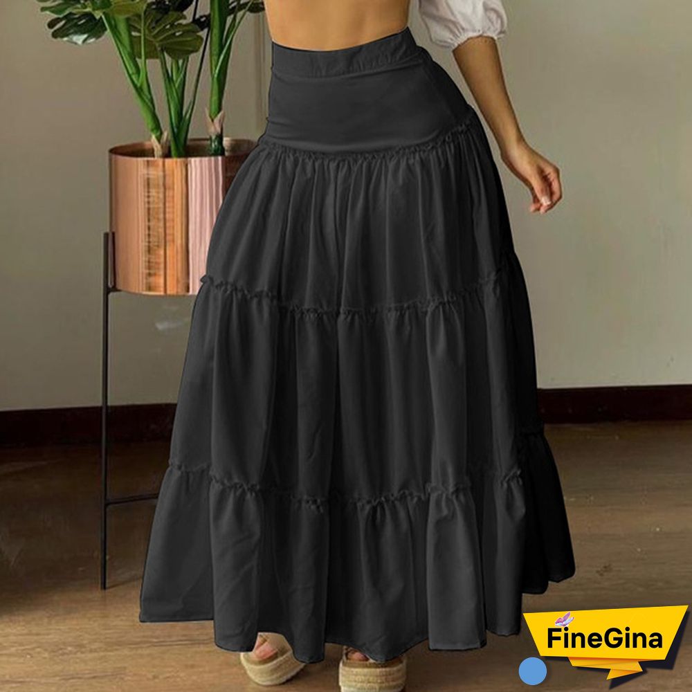 Summer Women Solid Color High Waist Chiffon Long Skirt Loose Plus Size Pleated Skirts Bohemian Beach Dress