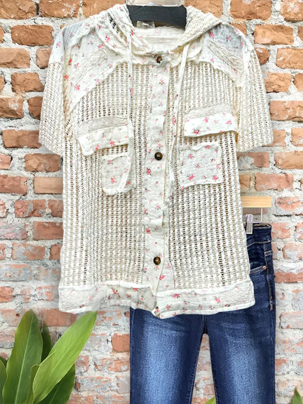 Retro Hollow Stitching Floral Short-Sleeved Top