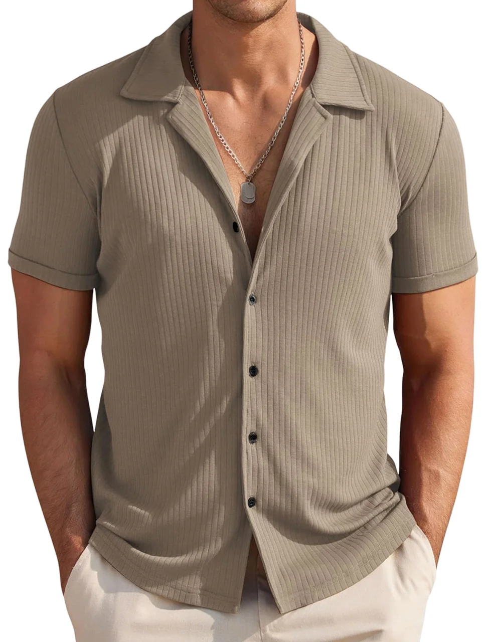 Men's Summer Striped Lapel Solid Color Short Sleeve Shirt