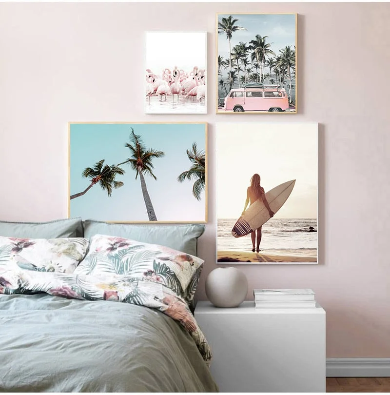 Pink Beach Flamingo Palm Tree Surfboard Wall Art Canvas Painting Nordic Posters And Prints Wall Pictures For Living Room Decor
