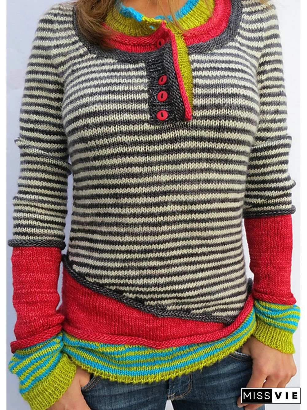 Red Wool Blend Long Sleeve Striped Paneled Sweater