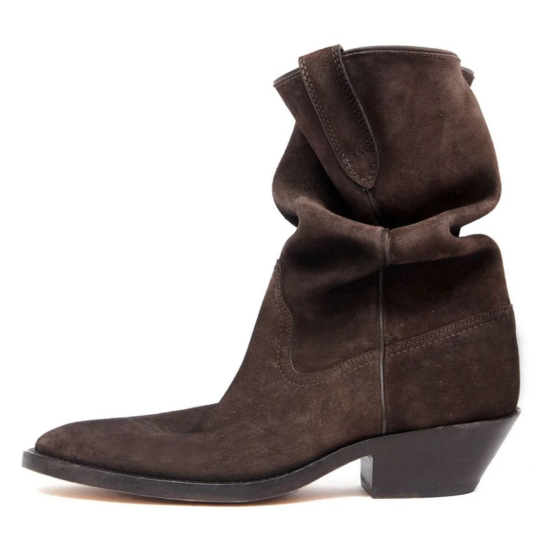 Faux Suede Brown Almond Toe Side Loops Block Heel Ladies Boots