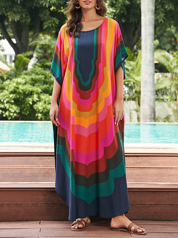 Flower Print Muslim Split-Front Batwing Sleeves Loose Round-Neck Maxi Dresses main image 1