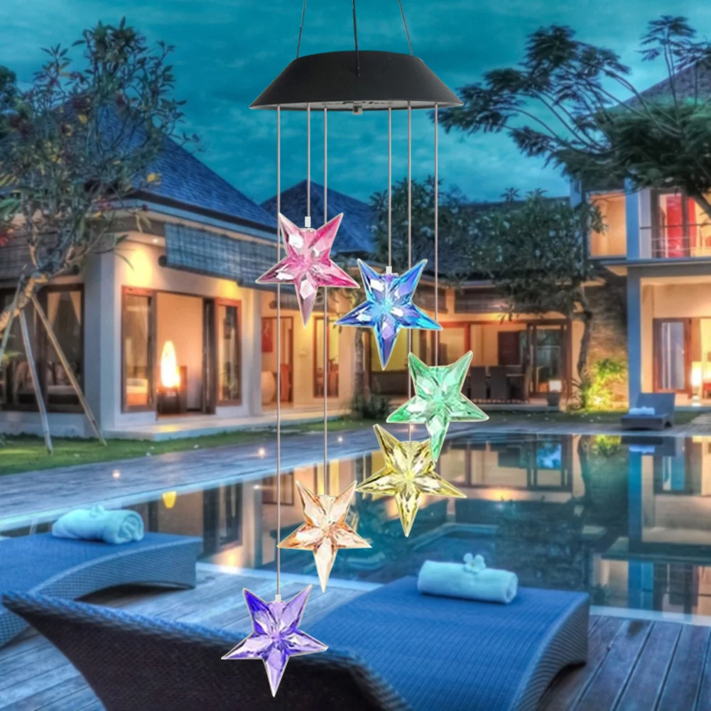 Solar Color Changing Wind Chime Lamps Star Moon Pendant Garden Light (A)