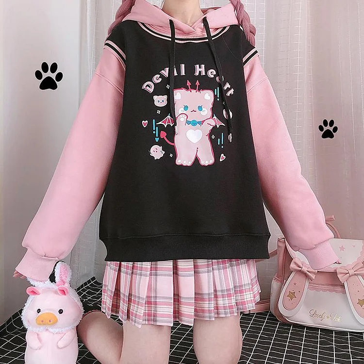 Kawaii Devil Heart Pink Bear Pastel Black Sweater SP16306R