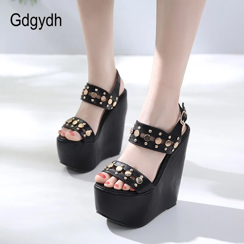 Gdgydh Height 17cm Ultra High Heels Gladiator Sandals Women Sexy Rivets Punk Style Platform Wedges Shoes For Party With Buckle