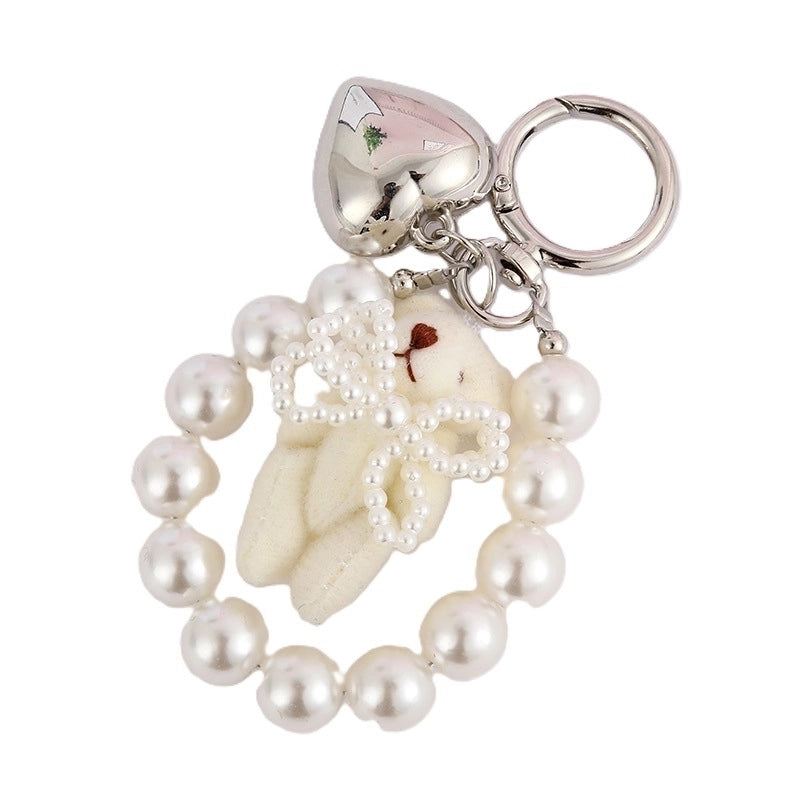 Cartoon Style Cute Bear Heart Shape Beaded Plush Bag Pendant Keychain