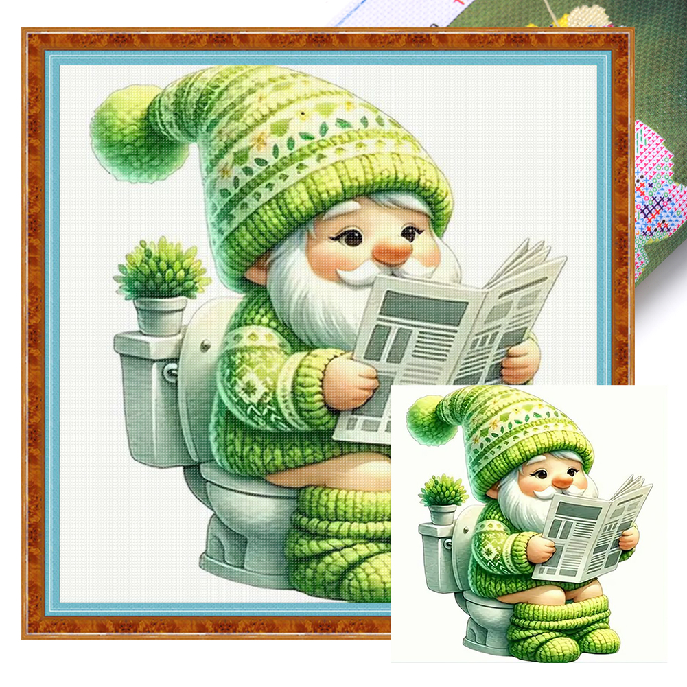 Gnome reading newspaper Full 11CT Pre-stamped Canvas(40*40cm) Cross Stitch