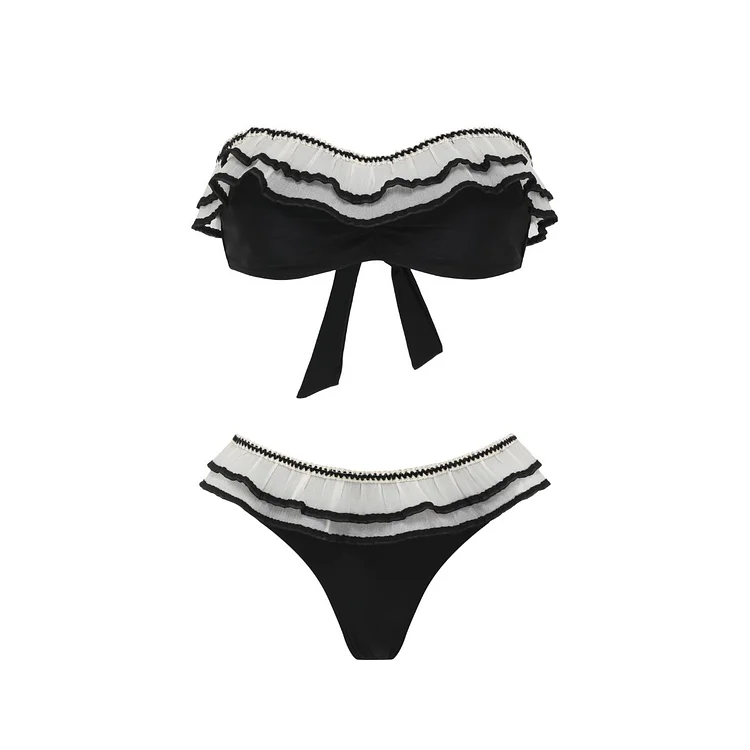 Double Ruffle Color Block Bikini Swimsuit and Sarong