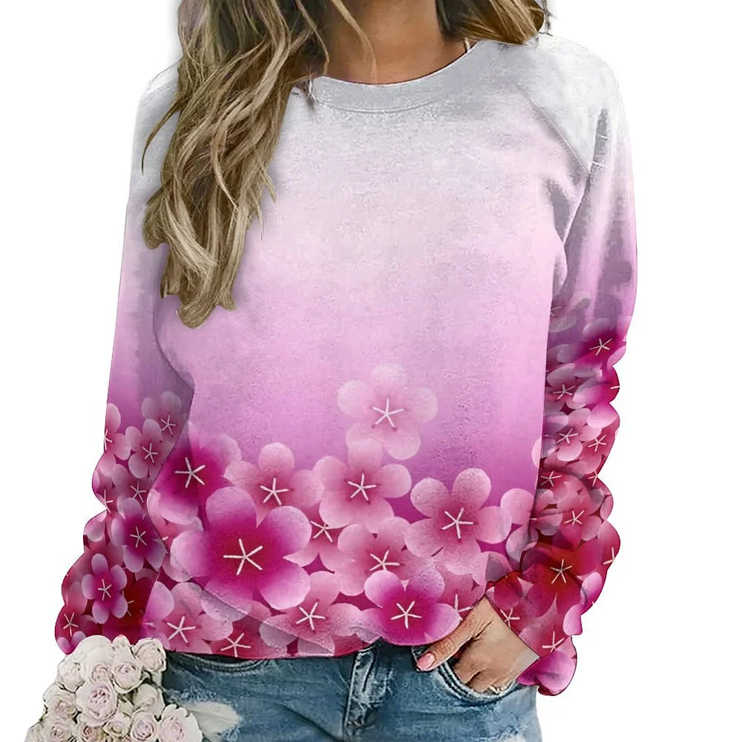 Printed Long Sleeve Casual Sweatshirt for  Women and Men Unisex Pattern Floral, Pink