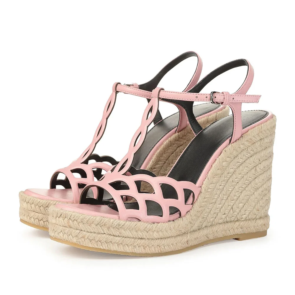 Pink Open Round Toe Platform Ankle Strap Wedge Sandals with Cut Out