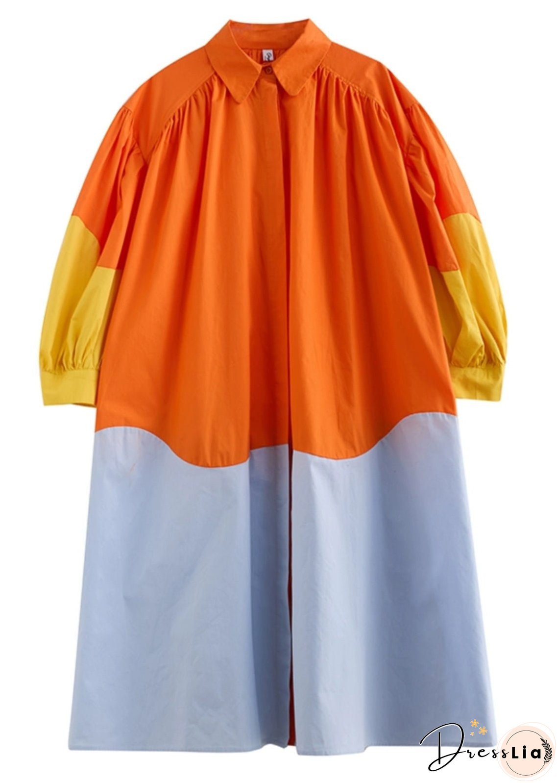 French Orange Peter Pan Collar Patchwork Wrinkled Maxi Shirts Dresses Spring