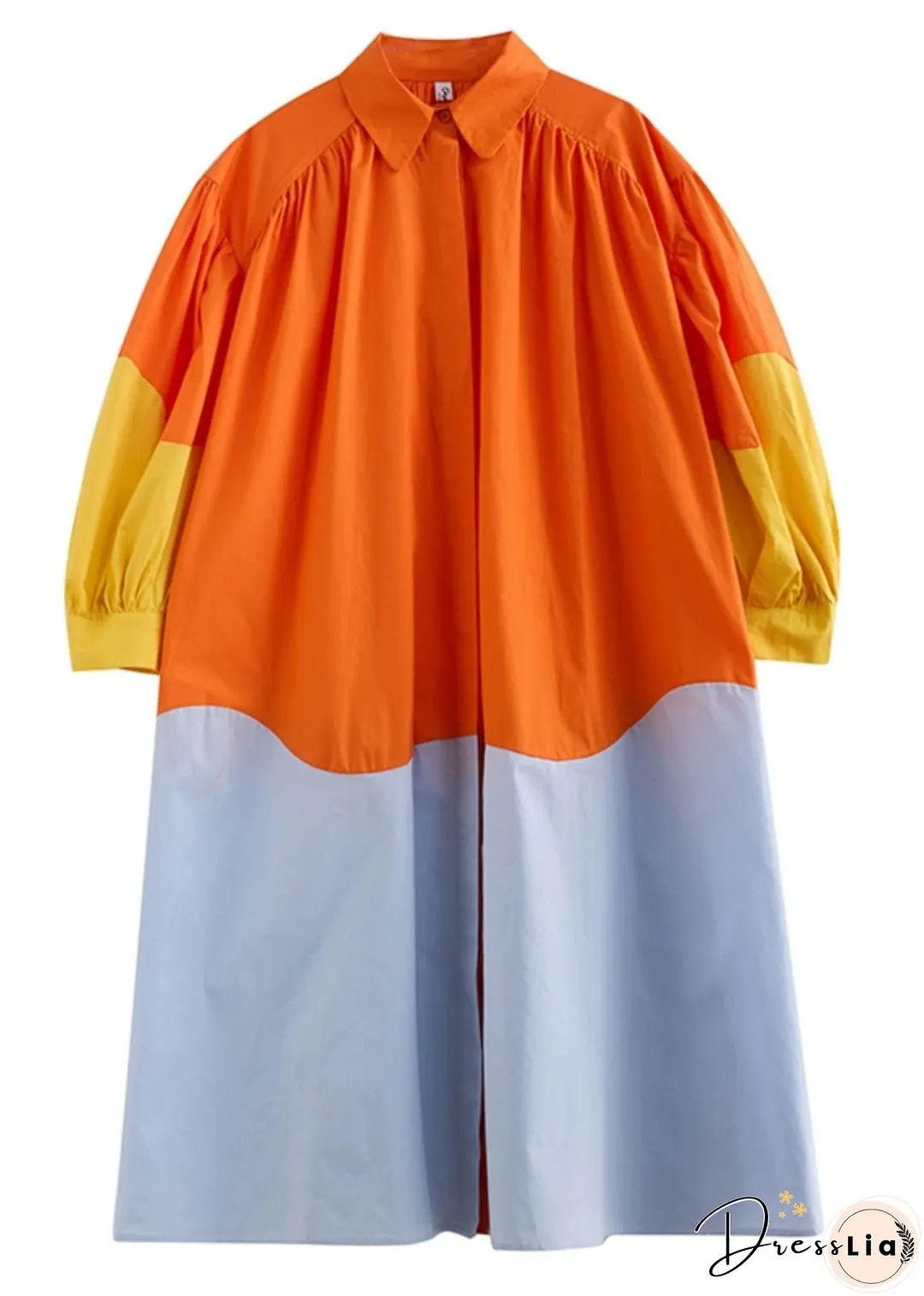French Orange Peter Pan Collar Patchwork Wrinkled Maxi Shirts Dresses Spring