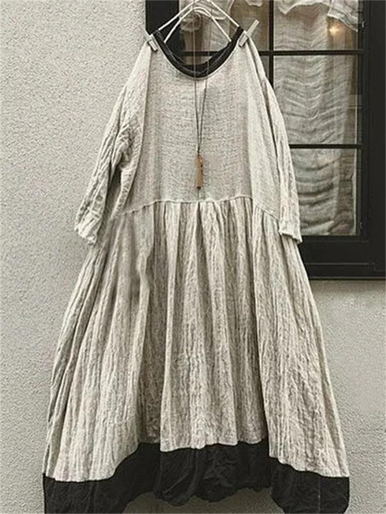 Vintage Contrast Color Hem Pleated Linen Blend Midi Dress