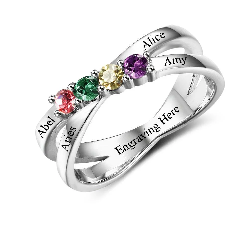 925 Sterling Silber Personalisierter Kreuzring mit 4 Namen und 4 Geburtssteinen Kettenmachen