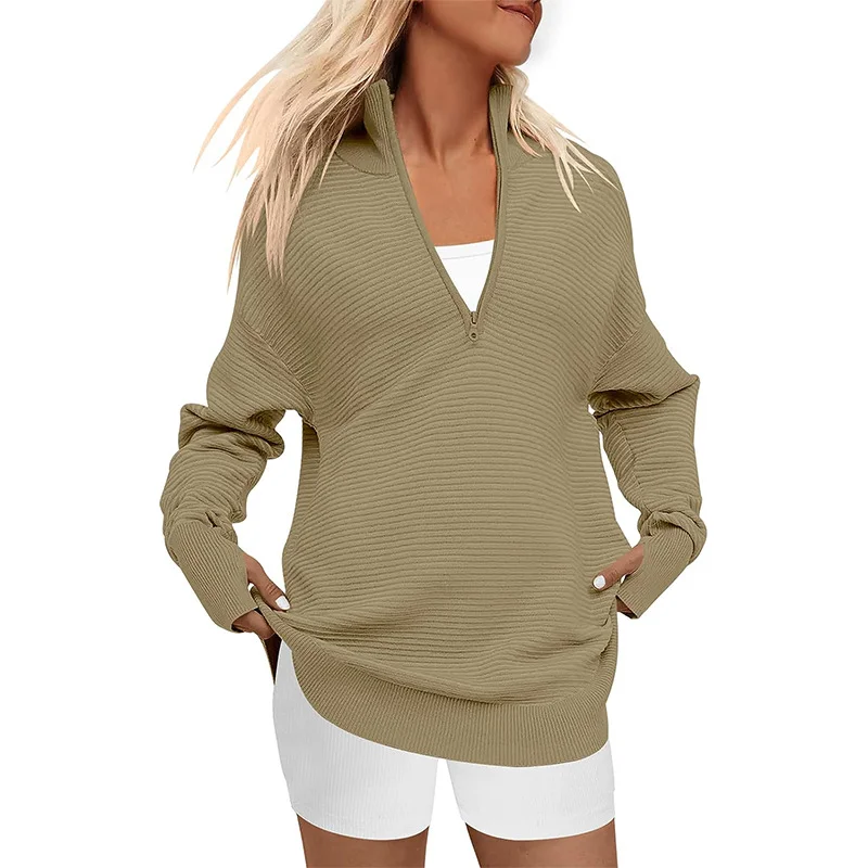 Wongn Wongn Hot Style Women's Long Sleeve Half Zipper V-Neck Casual Rib Knit Sweater Women's Jumper