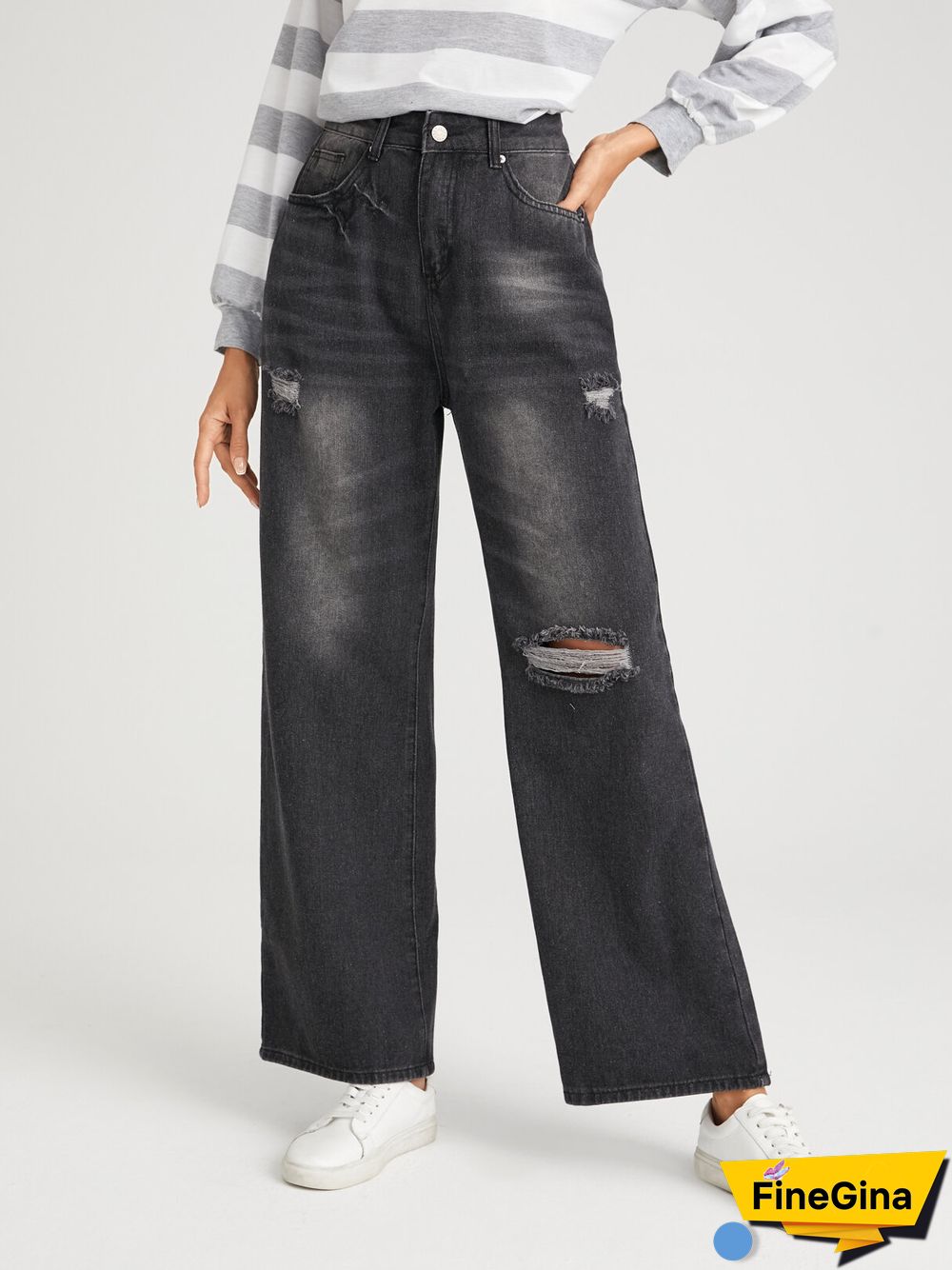 Ripped Faded Effect Washed Zipper Fly Wide Leg Jeans