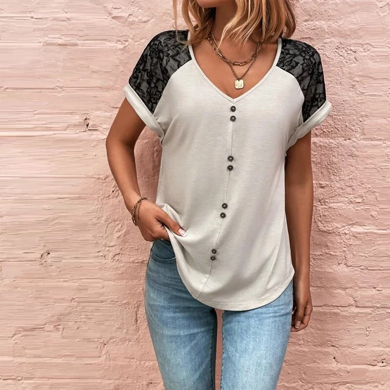 Summer New Relaxed Casual Lace Panel V-Neck Button