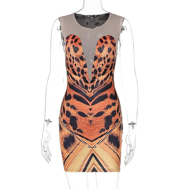 Hugcitar 2021 Sleeveless Tiger Printing Lace O-Neck Sexy Mini Dress Summer Women Fashion Party Club Outfits Y2K Robe Kpytomoa