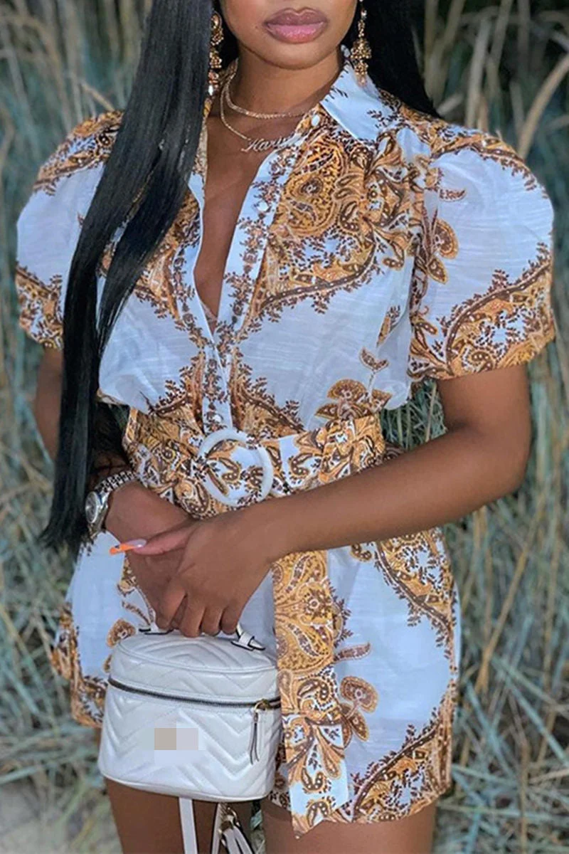 Fashion Casual Print Basic Turndown Collar Long Sleeves Regular Romper