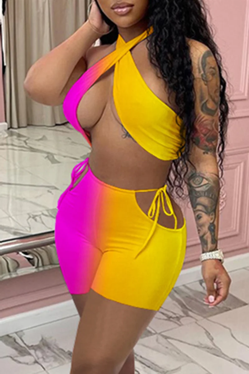 Orange Yellow Sexy Gradual Change Print Hollowed Out Backless Strap Design Halter Sleeveless Two Pieces | EGEMISS