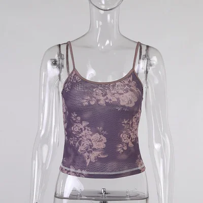 Brownm Brownm Women's Purple Print Design Sense Inside And Outside With Sexy Sling Mesh Gauze Breathable Vest
