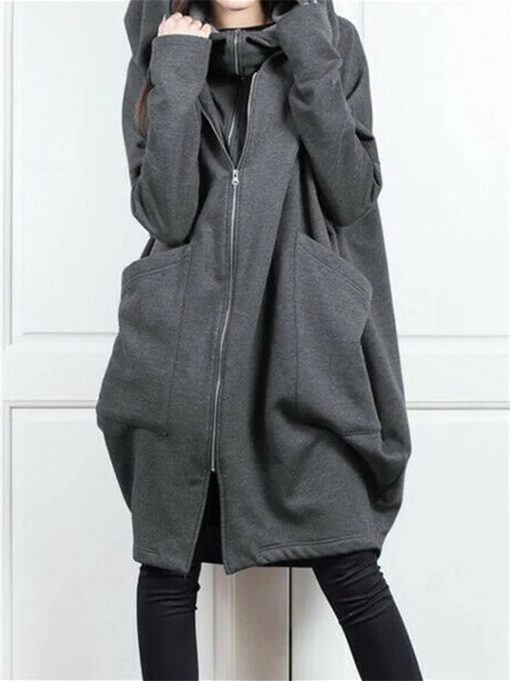 Autumn and Winter Hooded Pocket Sweater Zipper in The Long Section of The False Two Pieces of Loose Jacket Temperament Commuting Women's Clothing-Mixcun