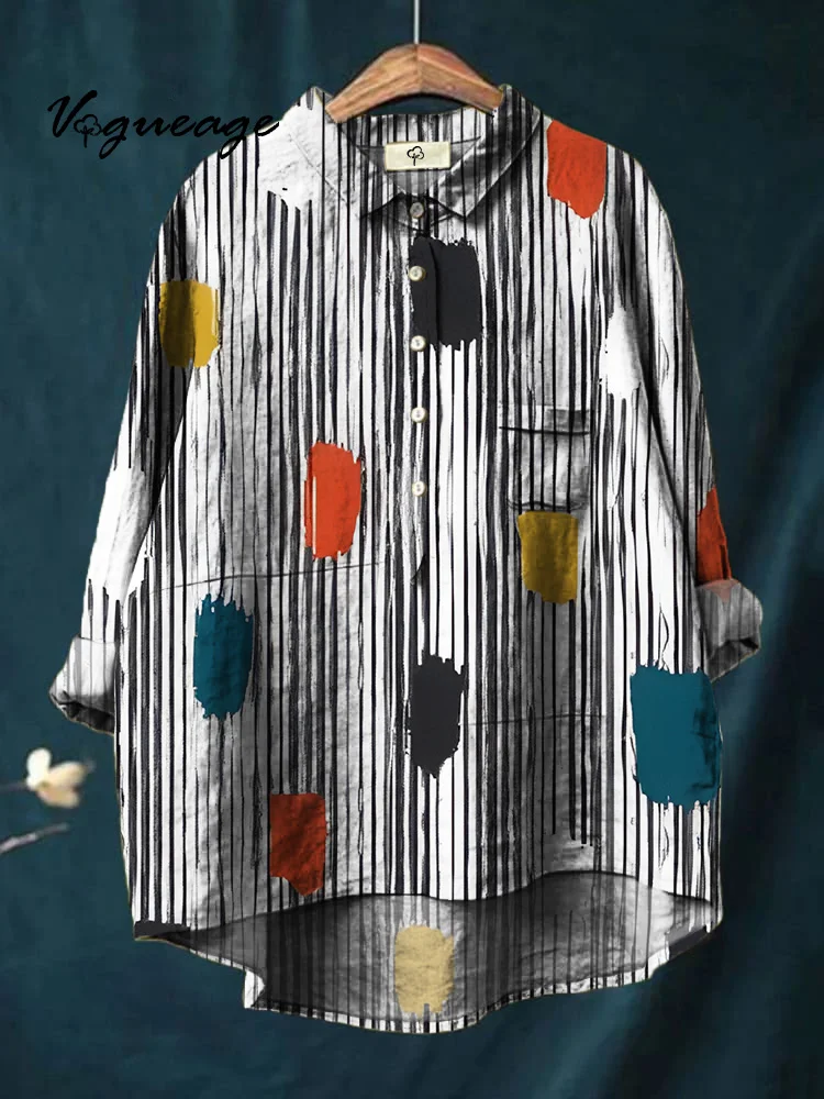 Black And White Spots Lines And Bright Colors Printed Cotton And Linen Shirt