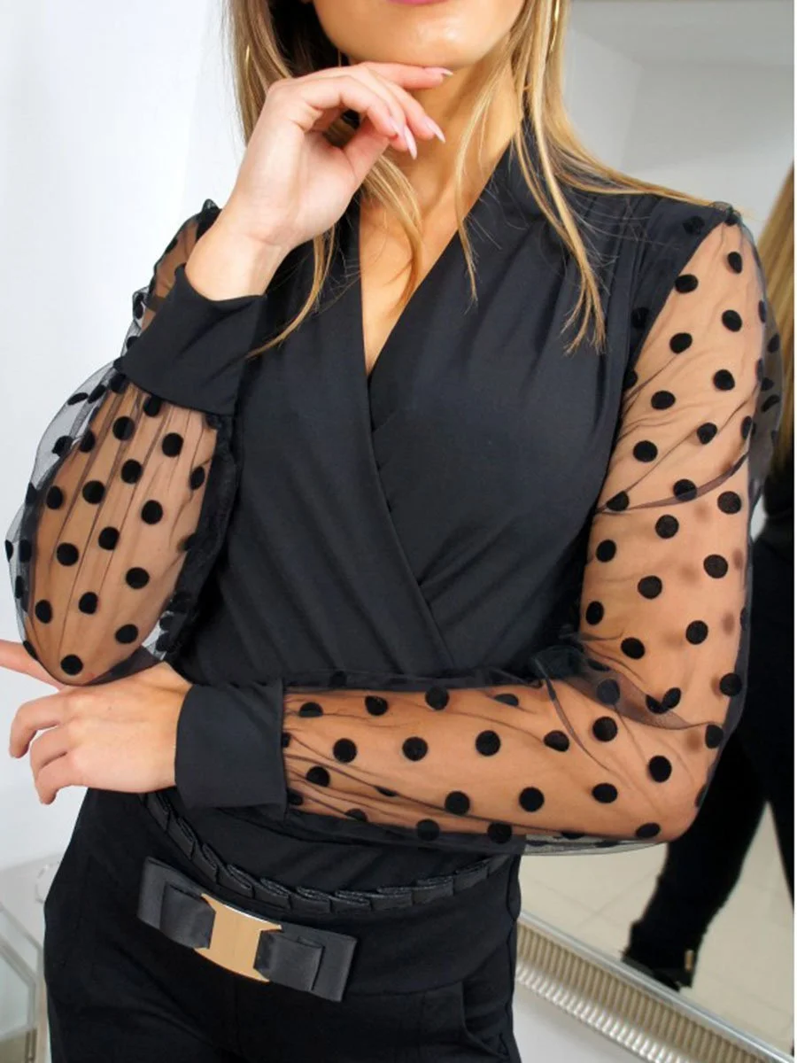 Deep V-Neck Solid Color See-Through Polka Dot Long Sleeves Blouse
