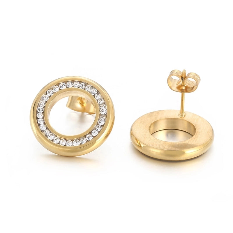 1 Pair Minimalist Round Solid Color Inlay Stainless Steel Crystal Rhinestones 18K Gold Plated Ear Studs