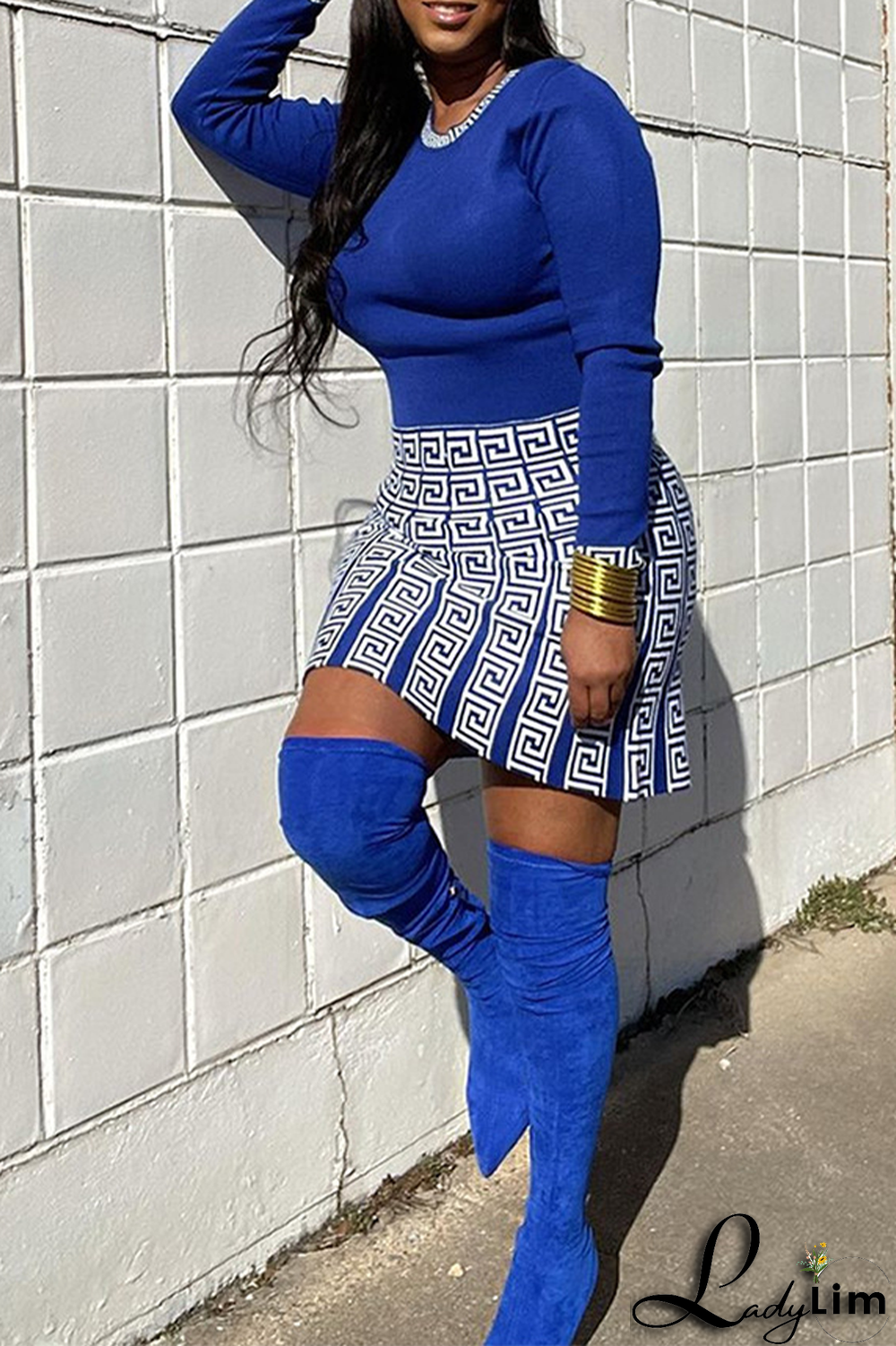 Blue Casual Print Patchwork O Neck Long Sleeve Two Pieces