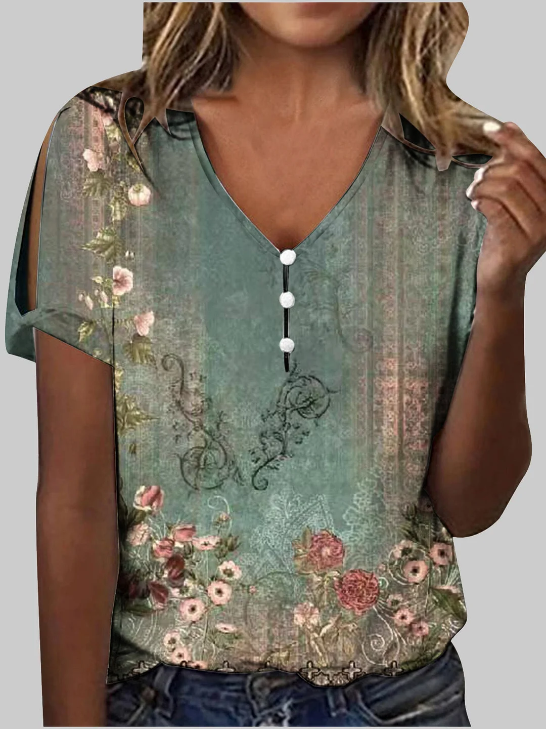 Women's Graphic Printed V-neck Short Sleeve Top