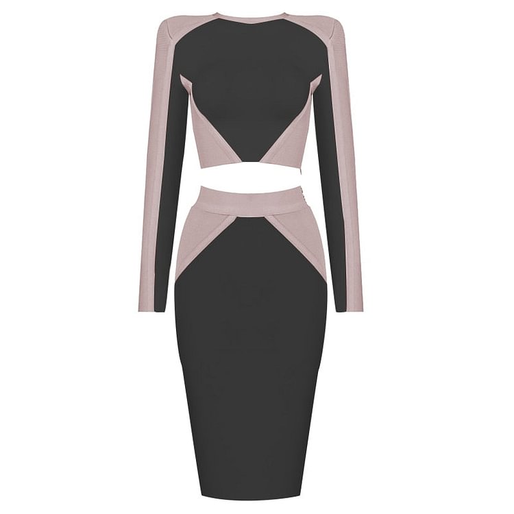 New Women'S Sexy Hit Color Long-Sleeved Stitching Side Zipper Bodycon bandage Two-Piece Set Celebrity Party Club Suit - BlackFridayBuys