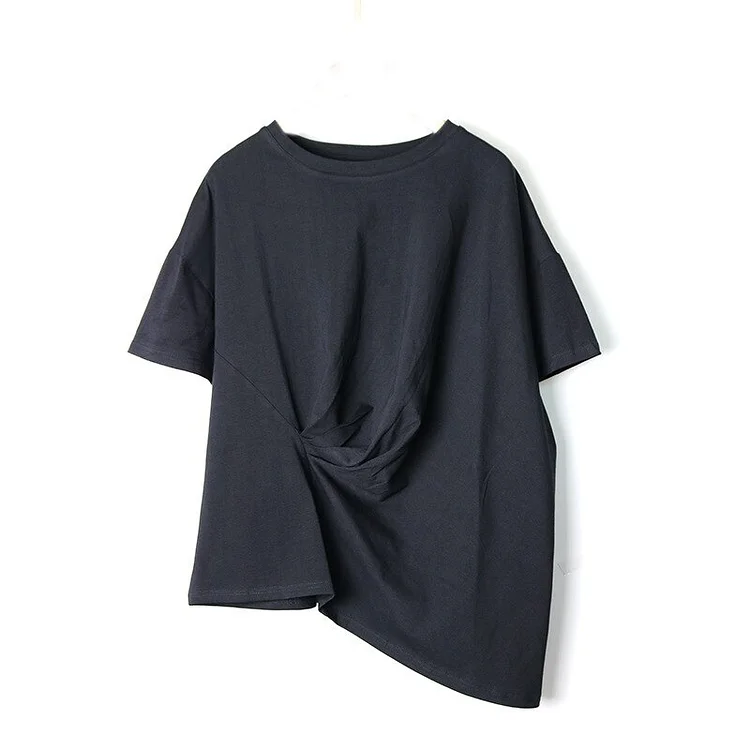 Casual Loose Solid Color O-neck Pleated Folds Short Sleeve T-Shirt      