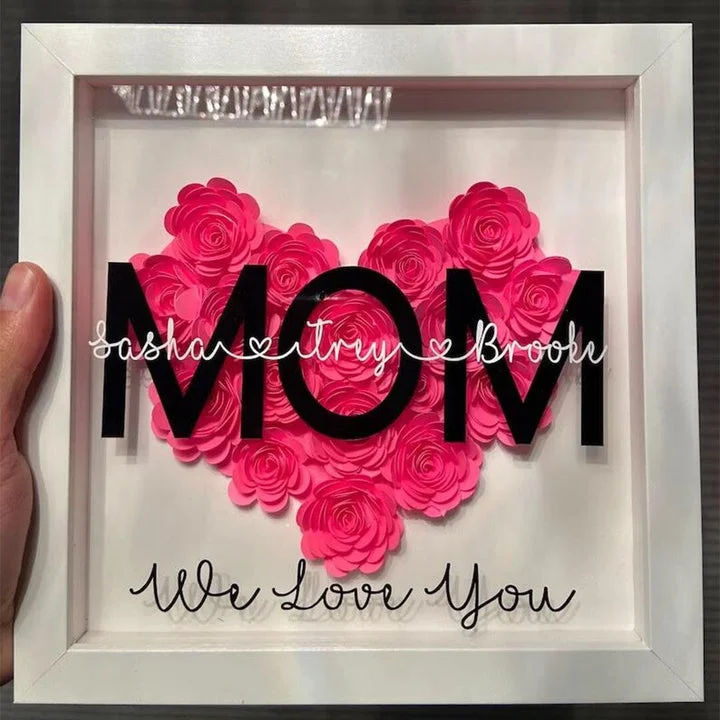 Mum Heart Shaped Monogram Flower Shadow Box Gift For Mothers-Red