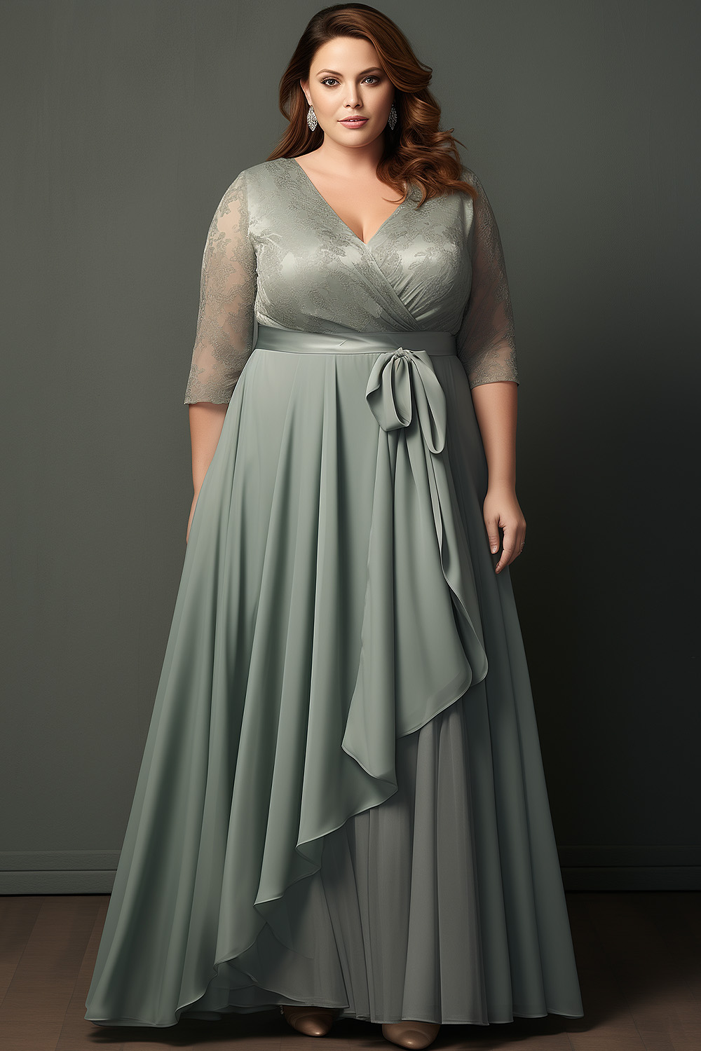 Flycurvy Plus Size Wedding Guest Sage Green Chiffon Lace Wrap Asymmetrical Hem Maxi Dress