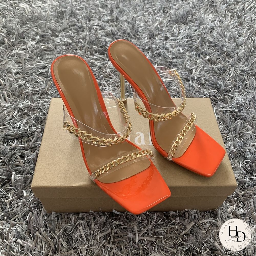 Summer Women Sandals Square Toe Ladies Heel Mules Clear PVC Transparent High Heels Slippers Female Fashion Chain Shoes Woman