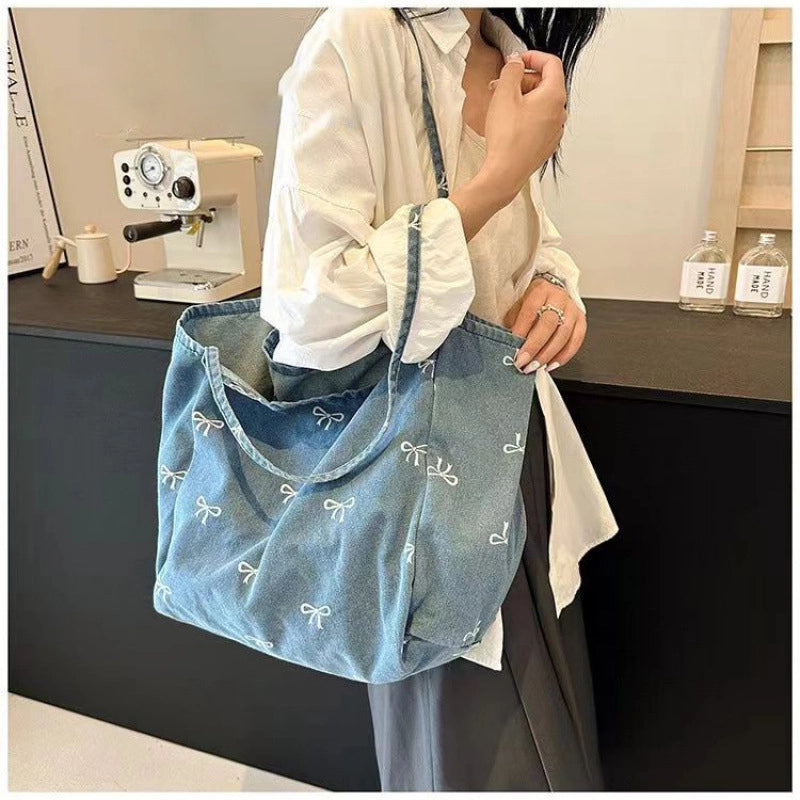 Women’s Large Denim Bow Knot Elegant Streetwear Square Open Tote Bag