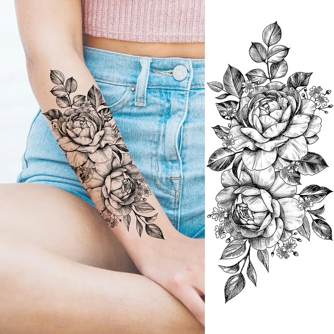 Sdrawing Peony Flower Moon Temporary Tattoos For Women Adult Rose Daisy Crown Fake Tattoo Fashion Washable Half Sleeve Tatoos