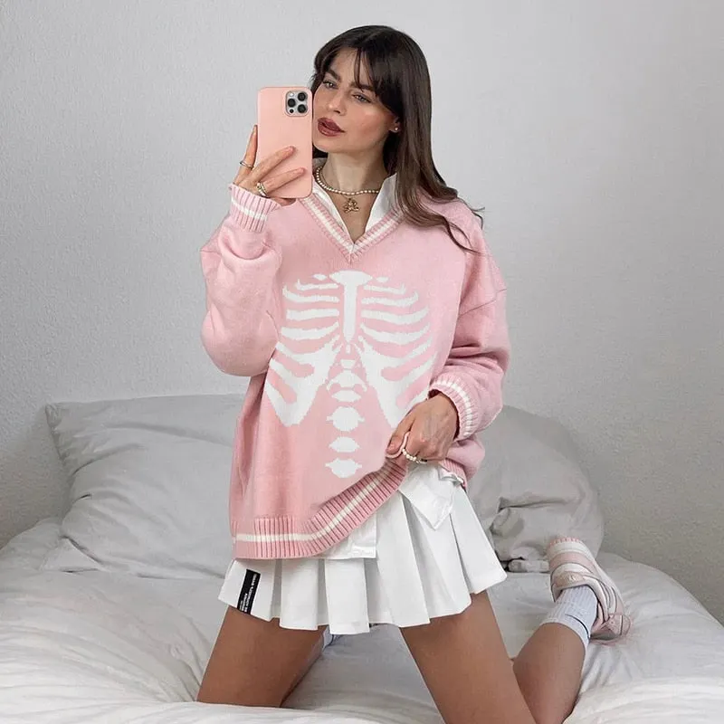 Weekeep Y2K Chic Print Streetwear Oversized Sweater Women's Casual Autumn Winter Knitted Jumper Fashion Loose Knitwear Pullovers