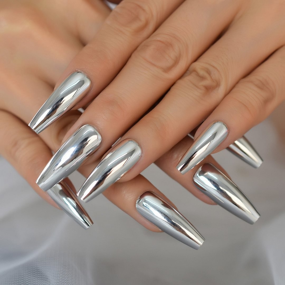 Silver Coffin Fake Nails Long Ballet Metallic False Nail Tips Solid Color Mirror Press On Artificial Nail Salon Manicure