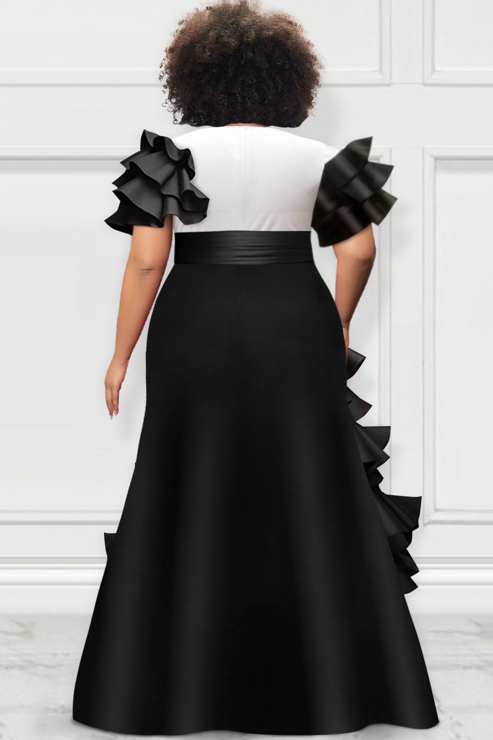 Design Plus Size Mother Of The Bride Maxi Dresses Elegant Black Fall Winter Crew Neck Short Sleeve Contrast Ruffled Satin Maxi Dresses [Pre-Order]