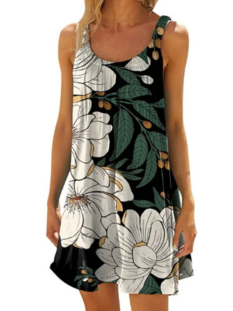 White Flowers Print Sleeveless Strap Mini Casual Loose Fit Dress