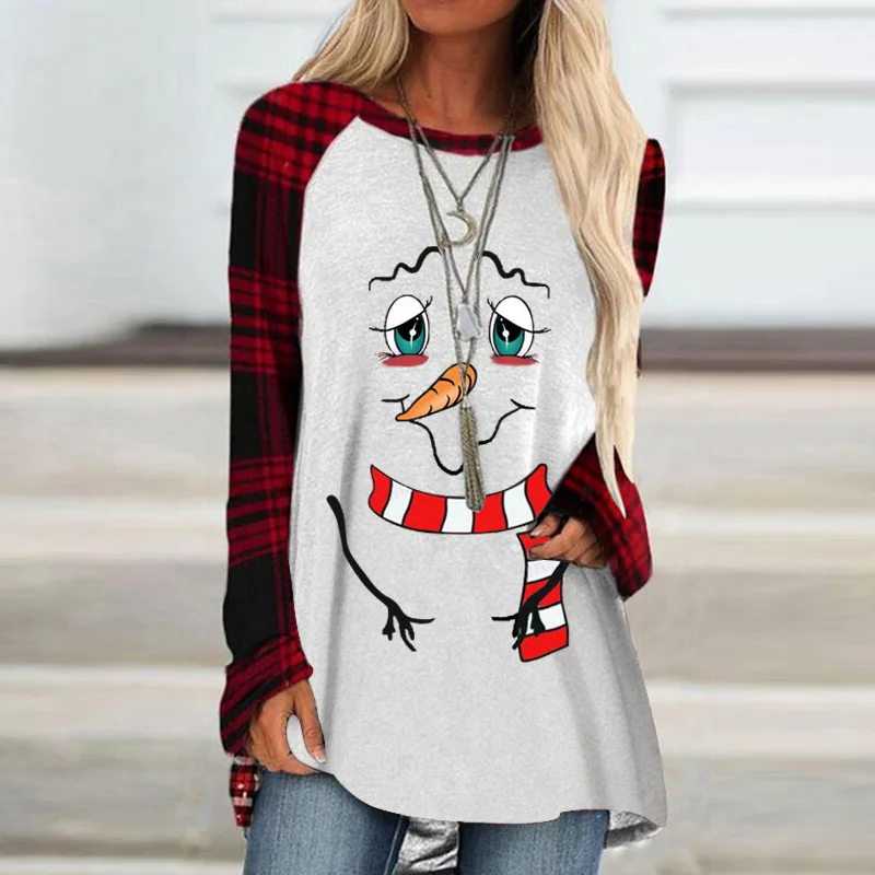 Lovely Snowman Print Tartan Check Long Sleeve Tee