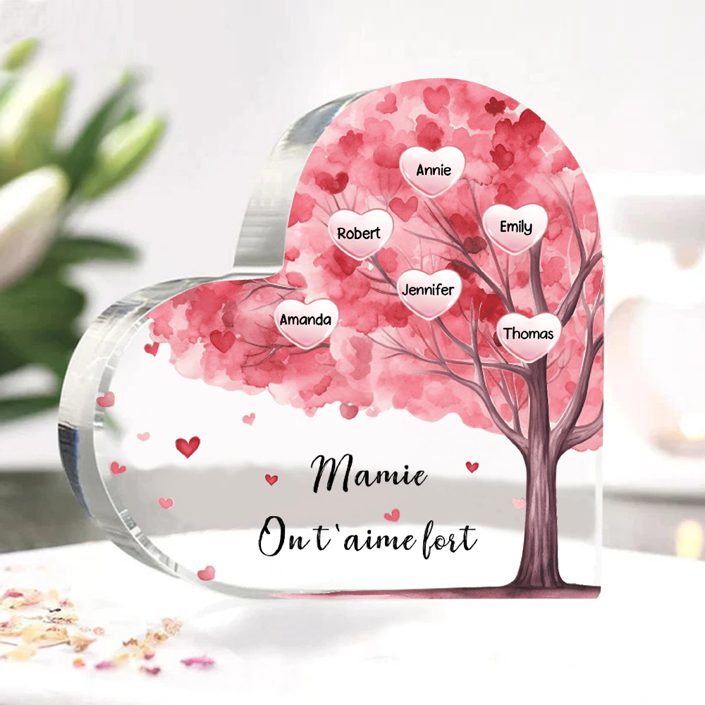 À ma Maman/Mamie - Plaque Acrylique Arbre en Forme de Cœur 6 Prénoms Personnalisés avec 1 Texte