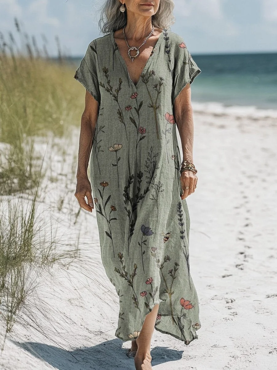 Tranquil Spring Floral Pattern Printed Women's Pocket Cotton Dress