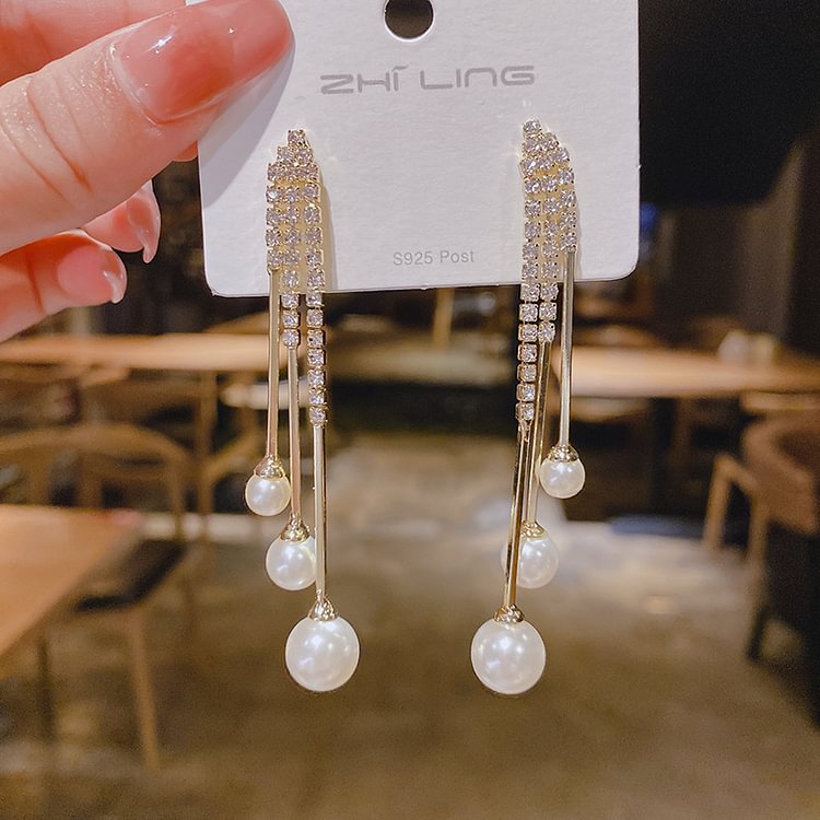 Pearl Tassel Long Piercing Earrings