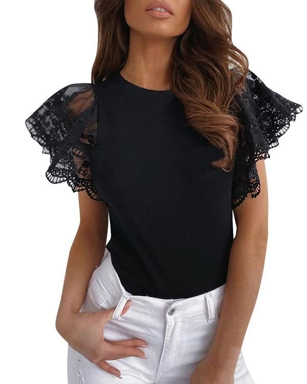 lace flounce sleeve black and white solid t shirts p125306