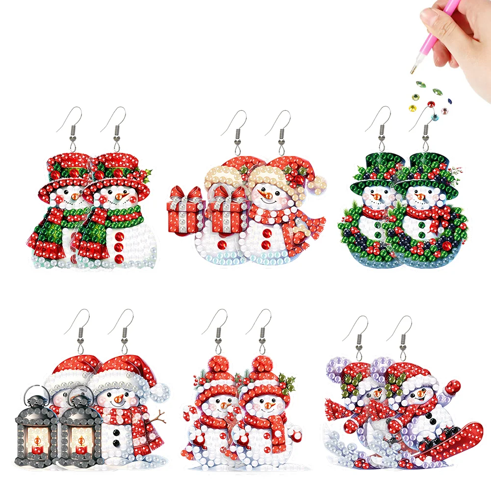 6 Pairs Christmas Snowman Double Sided Diamond Painting Earrings Jewelry